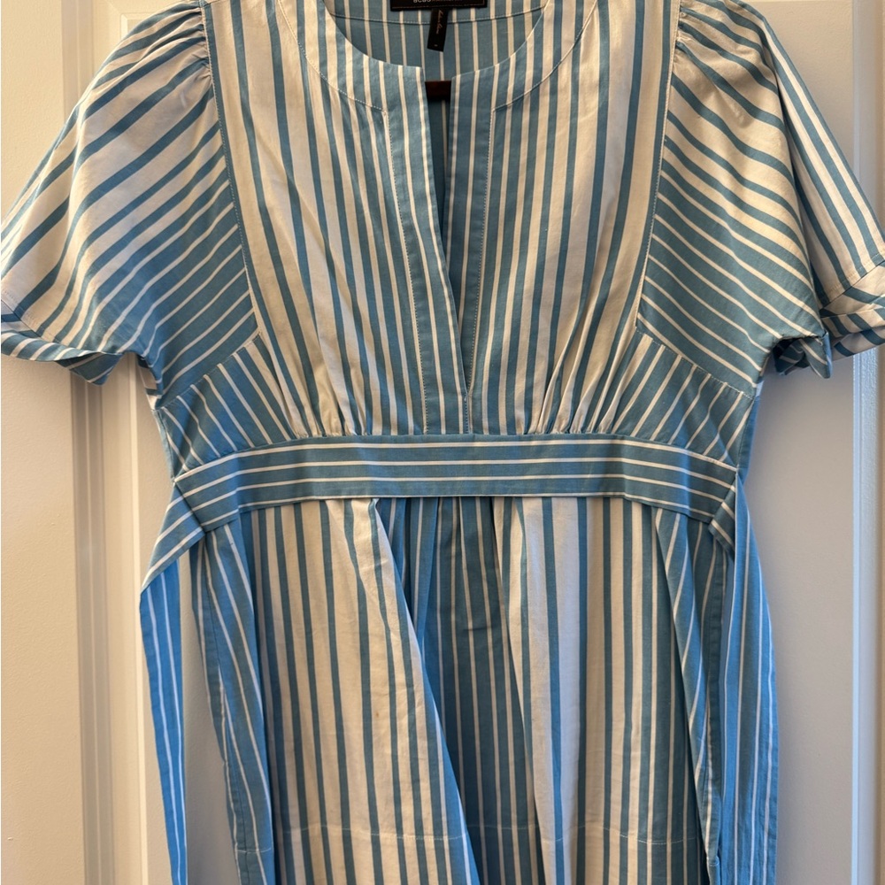 Blue and White Striped self belted shirt